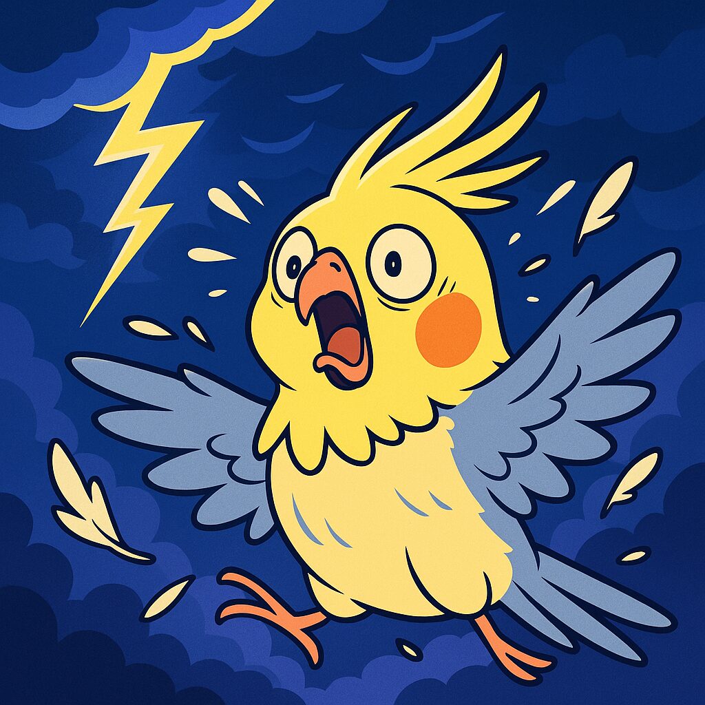 光に驚いてパニックなったオカメインコ
